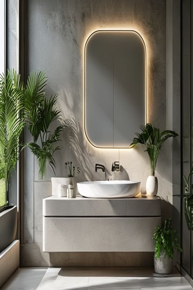 A bathroom vanity area with a sleek minimalist mirror flanked by two tall slender potted plants adding an organic refres