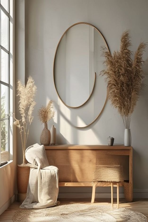 Editorial home photo for Thoughtful Mirror Wall Decor, natural light, realistic styling, no text overlay