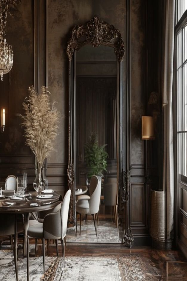 An elegant dining room featuring a grand oversized mirror with a dark wood frame leaning against a wall reflecting a cha
