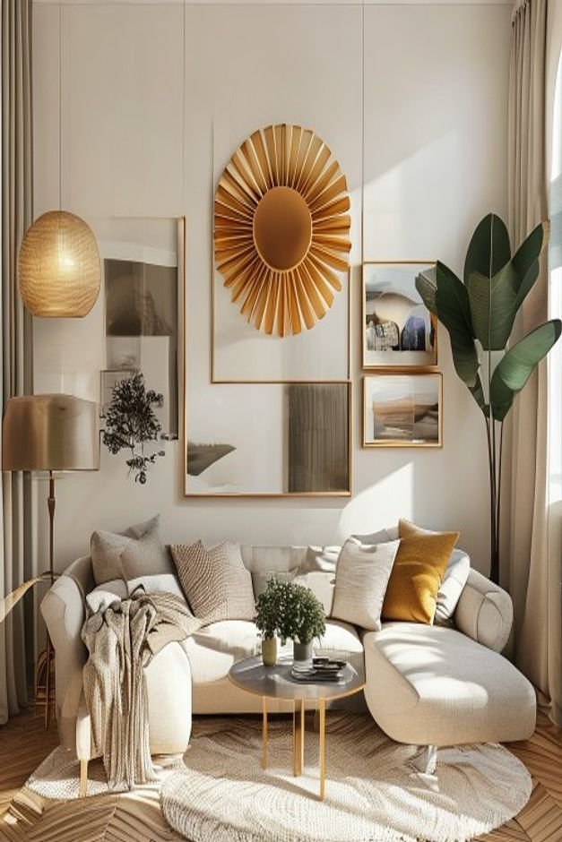 A cozy living room with a curated gallery wall composed of various mirrors a sunburst mirror a rectangular mirror with a