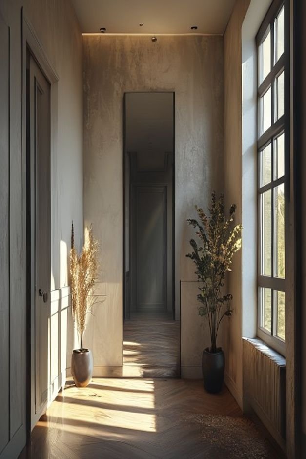 A narrow hallway with a large tall mirror positioned directly opposite a window effectively doubling the perceived light