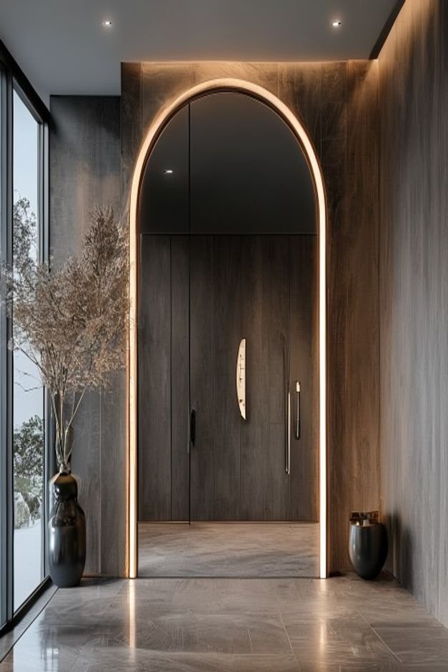 A modern entryway with a floor-to-ceiling mirror panel integrated into the wall creating the illusion of an expanded arc