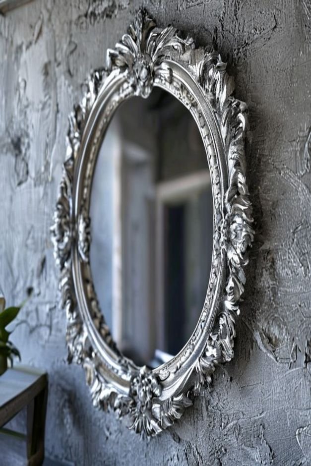 A close-up shot of a mirror with a distinctive intricately carved silver frame hung on a textured gray wall The details