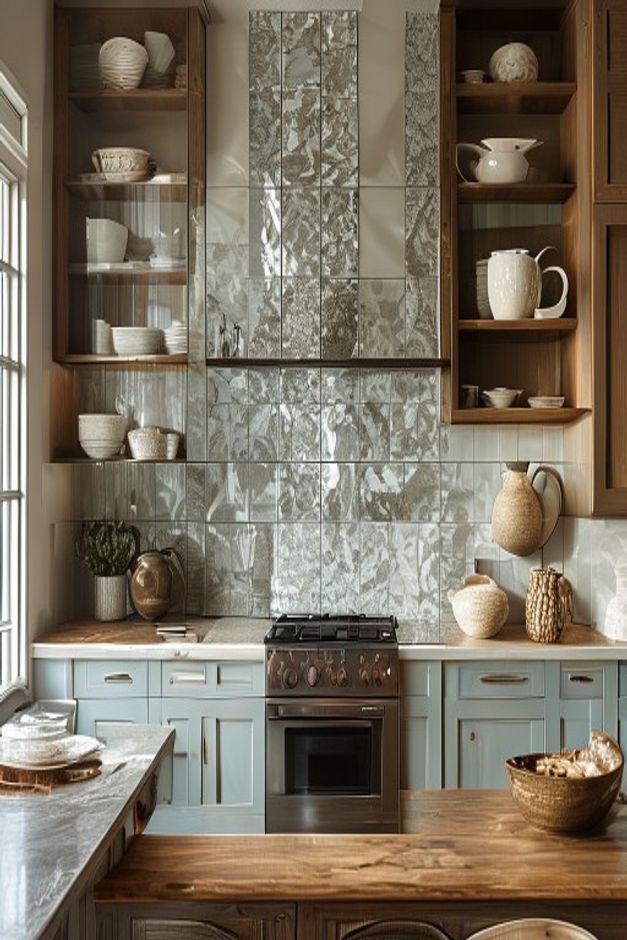 A stylish kitchen with a backsplash made of antique mirrored tiles subtly reflecting the open shelving and a few ceramic