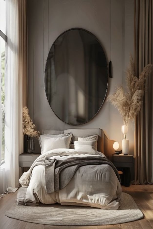 A sophisticated bedroom vignette featuring a large round mirror with a simple black frame layered over a piece of abstra