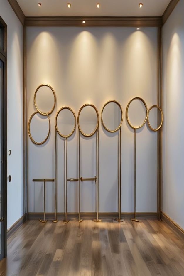 A hallway wall adorned with a symmetrical grouping of five identical small circular mirrors with thin brass frames They