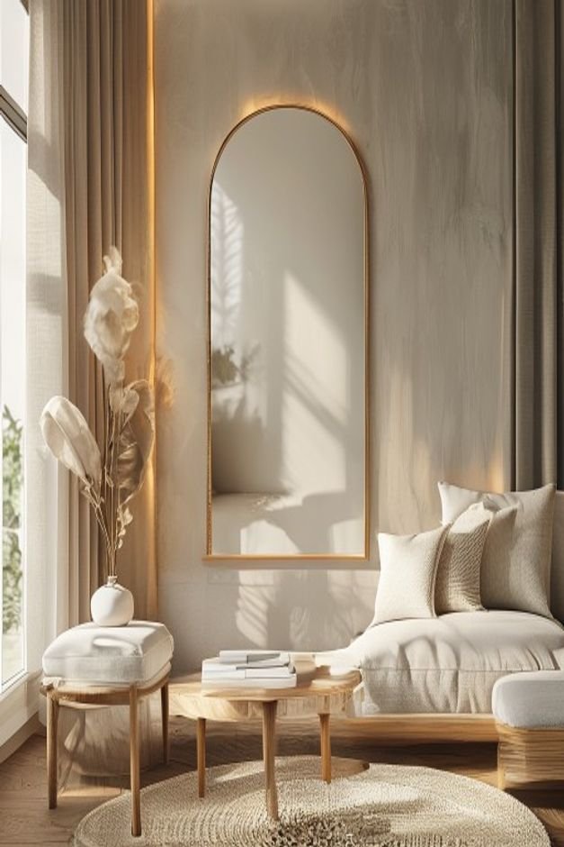 Editorial home photo for The Enduring Appeal of Mirror Wall Decor, natural light, realistic styling, no text overlay