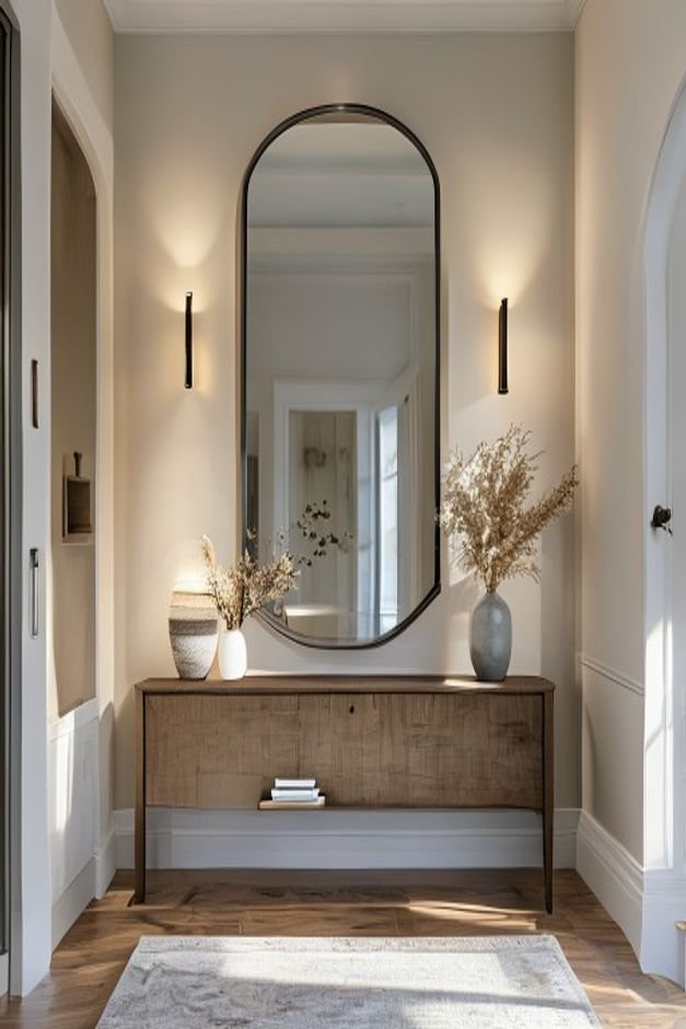 A spacious entryway with a clean-lined console table Above it a perfectly scaled rectangular mirror with a thin black fr