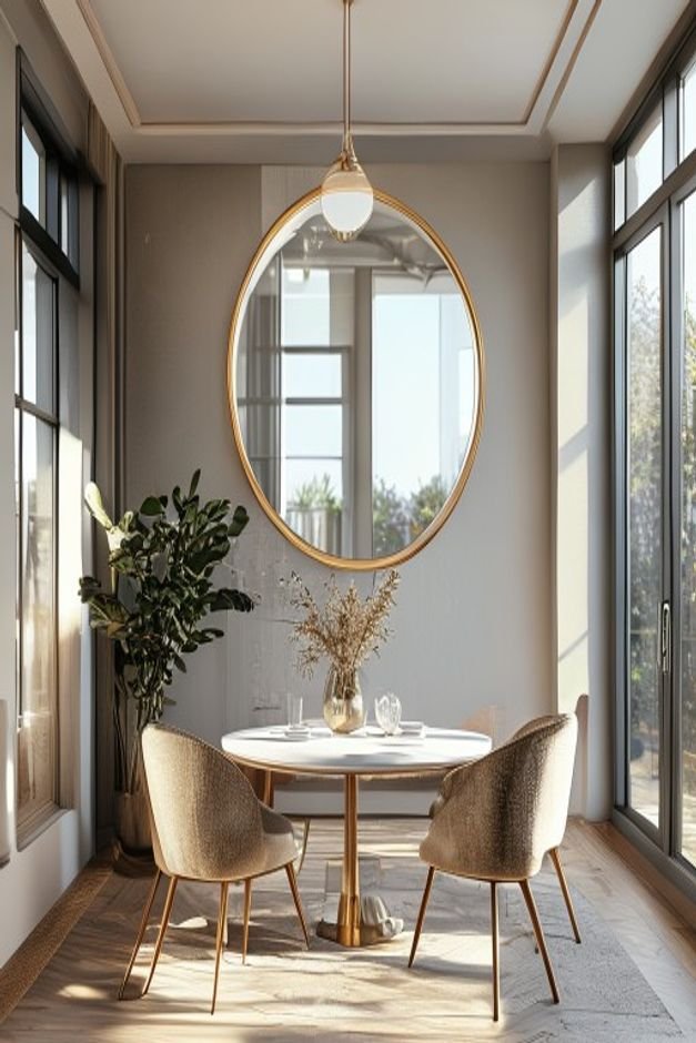 A bright dining room with a large window A round frameless mirror is strategically placed on an adjacent wall reflecting