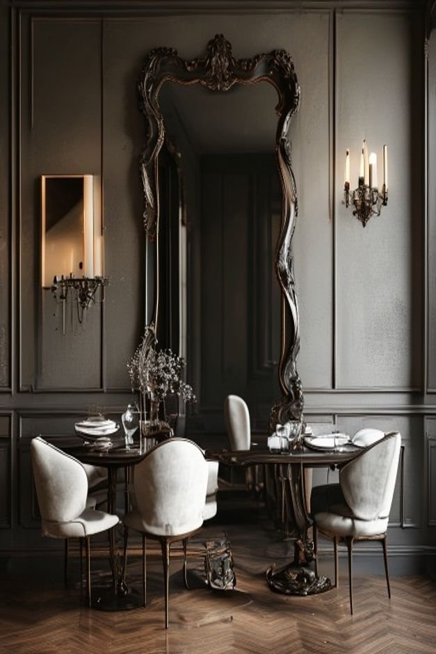 An elegant dining room featuring a grand oversized mirror with a dark wood frame leaning against a wall reflecting a cha