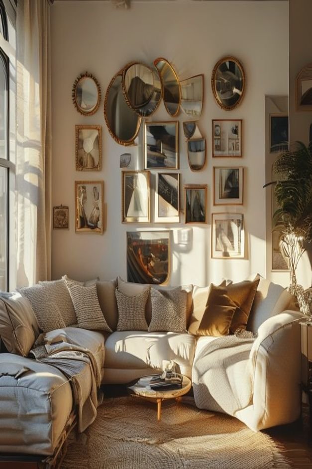 A cozy living room with a curated gallery wall composed of various mirrors a sunburst mirror a rectangular mirror with a