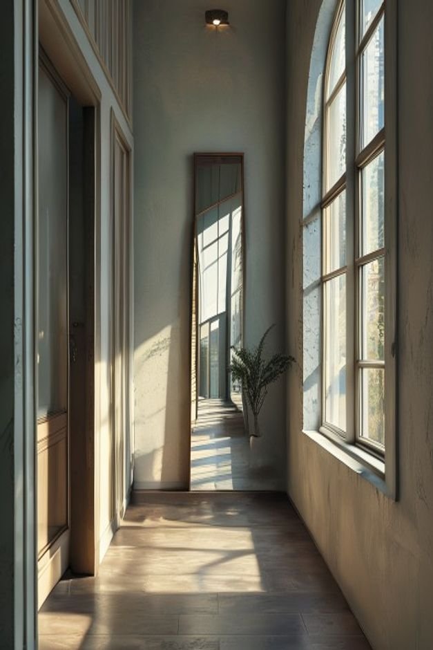 A narrow hallway with a large tall mirror positioned directly opposite a window effectively doubling the perceived light