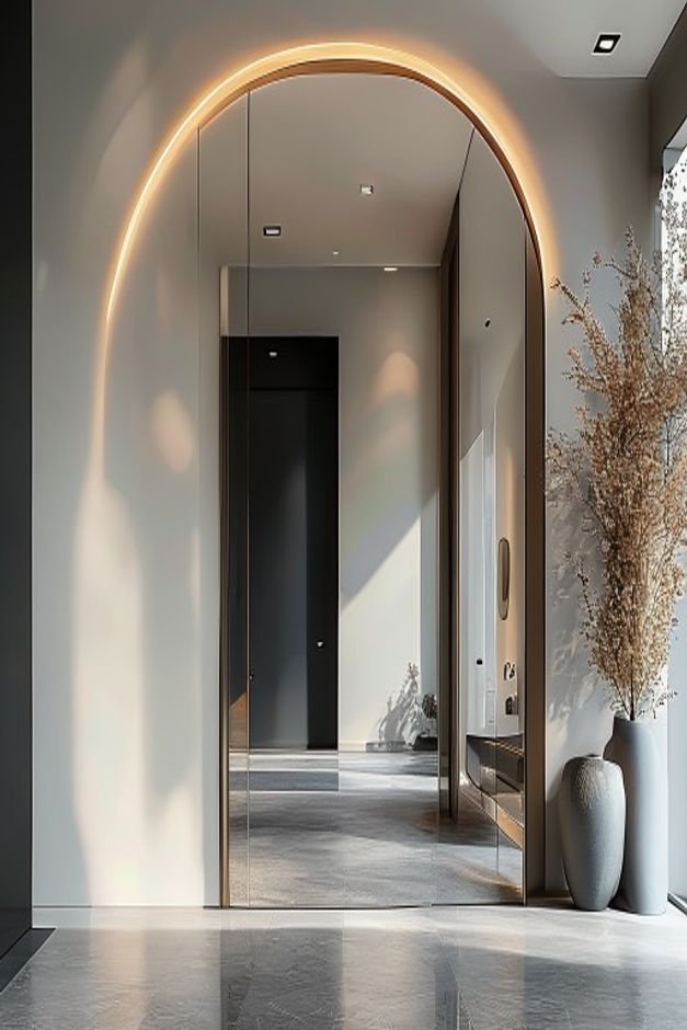 A modern entryway with a floor-to-ceiling mirror panel integrated into the wall creating the illusion of an expanded arc