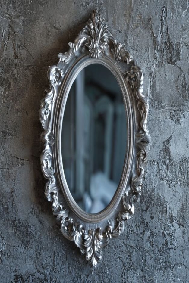A close-up shot of a mirror with a distinctive intricately carved silver frame hung on a textured gray wall The details