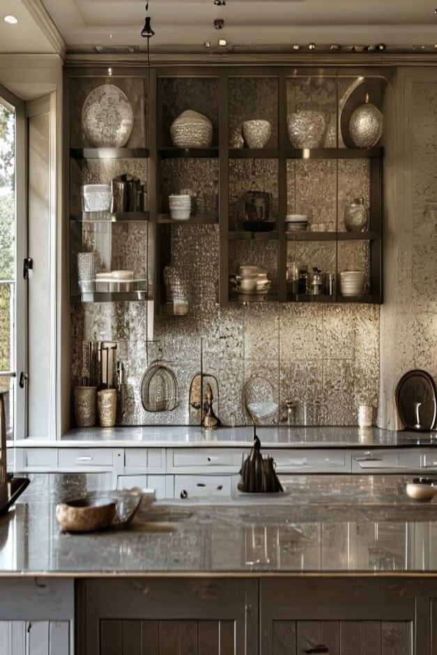 A stylish kitchen with a backsplash made of antique mirrored tiles subtly reflecting the open shelving and a few ceramic