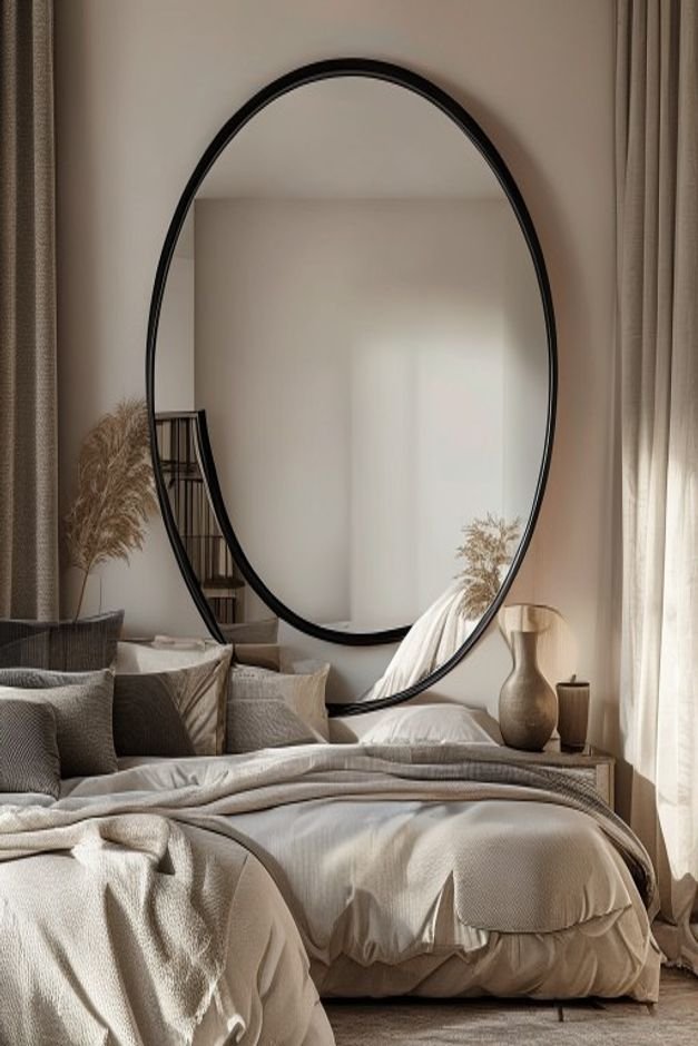 A sophisticated bedroom vignette featuring a large round mirror with a simple black frame layered over a piece of abstra