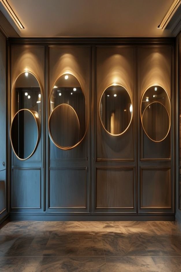 A hallway wall adorned with a symmetrical grouping of five identical small circular mirrors with thin brass frames They