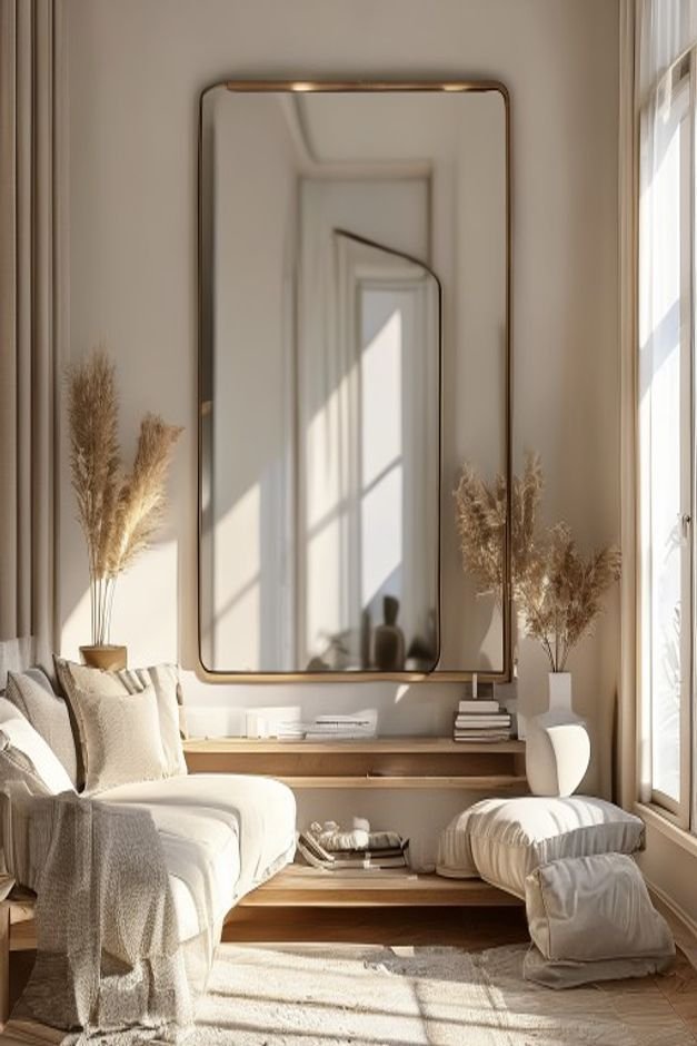 Editorial home photo for The Enduring Appeal of Mirror Wall Decor, natural light, realistic styling, no text overlay