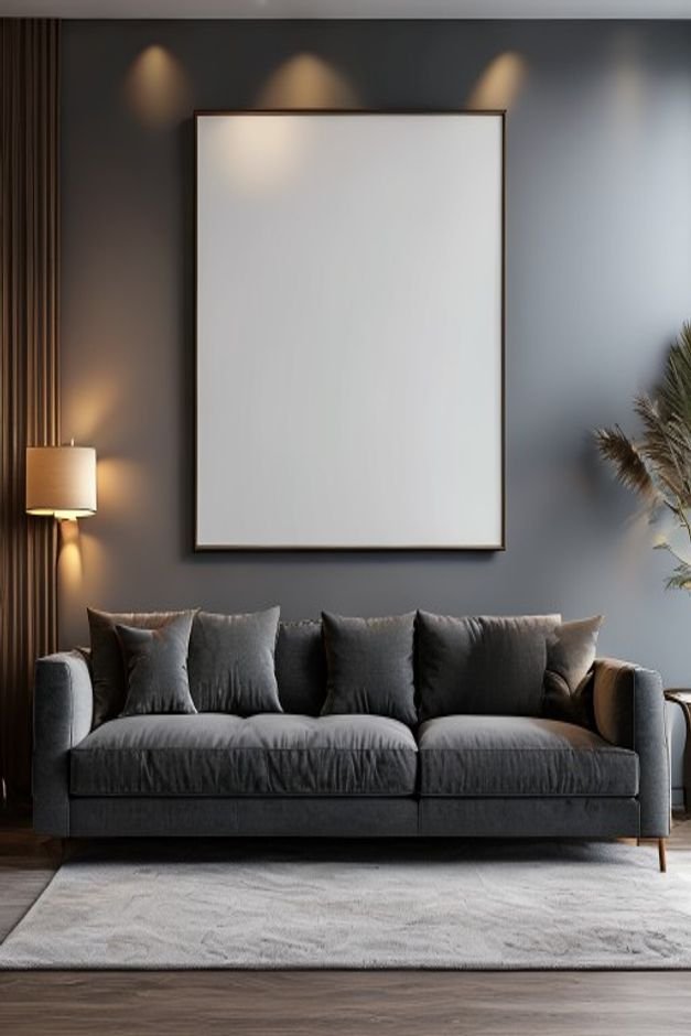 A chic living room featuring a long comfortable sofa in a deep charcoal grey Above it a single expansive piece of contem