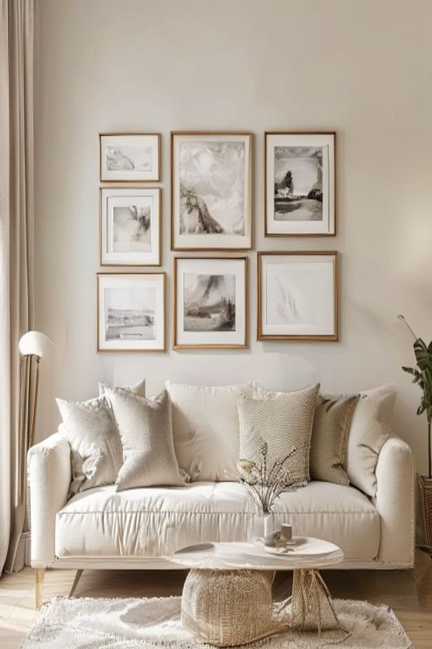 A meticulously arranged gallery wall above a plush light beige sofa The wall features a cohesive collection of framed ar