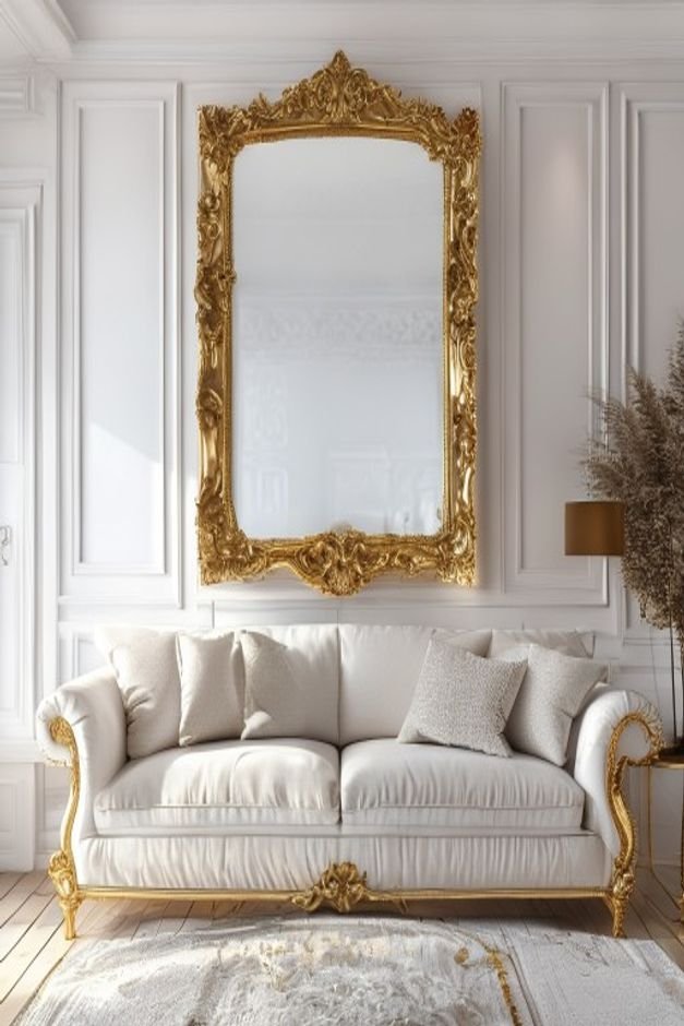 A spacious living room with a crisp white sofa Above the sofa a large ornate gold-framed mirror is perfectly centered re