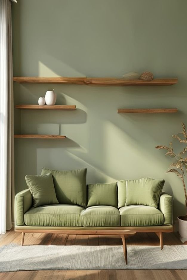 A modern living room featuring a streamlined sofa in a calm olive green Above it two sleek natural wood floating shelves