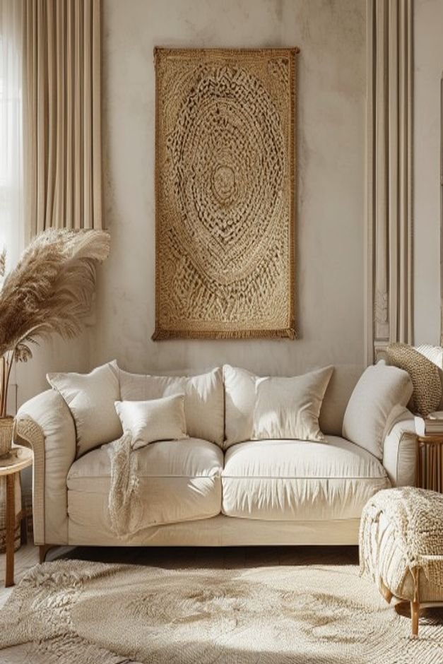A cozy living room with a cream-colored slipcovered sofa Hanging above the sofa is a large hand-woven textile art piece