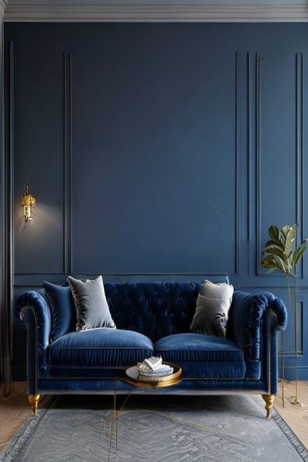 A sophisticated living room with a deep blue velvet sofa The wall behind the sofa features elegant subtle decorative woo