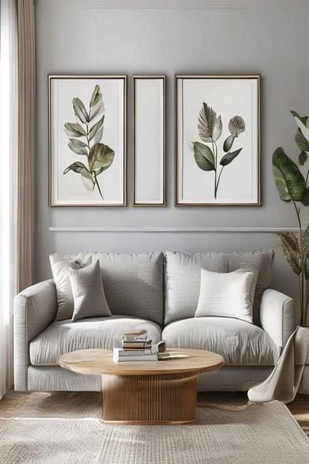 A serene living room with a tailored grey sofa Above the sofa two identical framed botanical prints are hung side-by-sid