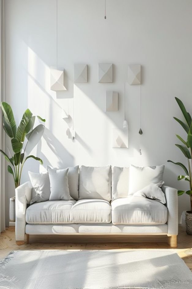 A bright and airy living room with a light grey sectional sofa Above the sofa a series of small geometric wall planters
