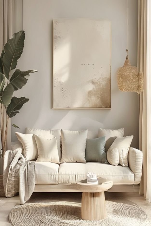 Editorial home photo for Finishing Your Above Sofa Wall Decor, natural light, realistic styling, no text overlay