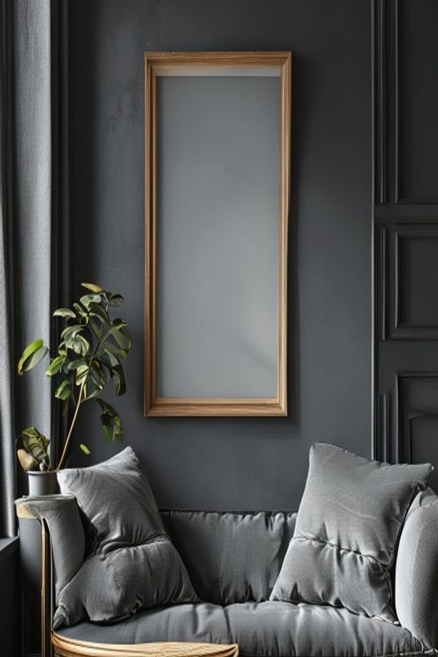A close-up shot of a small solitary framed picture hanging noticeably too high above a large deep charcoal grey three-se