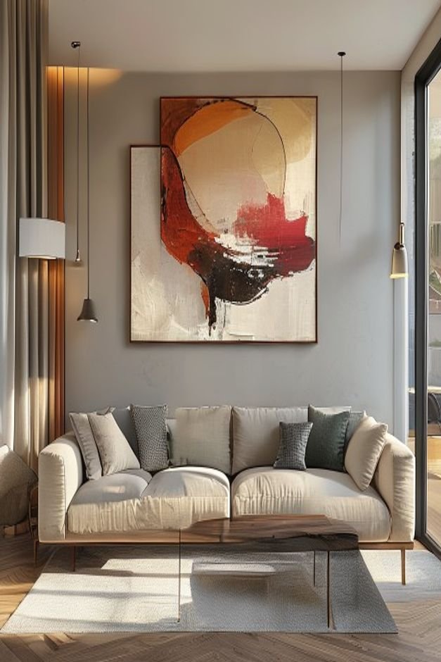 A wide shot of a contemporary living room Above a mid-century modern sofa a large piece of abstract art is hung signific