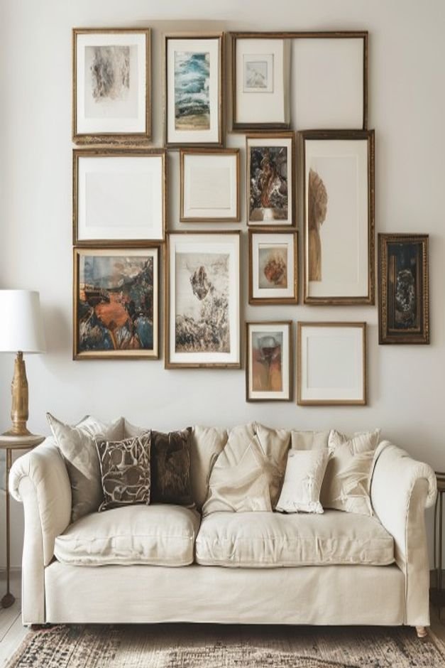 A gallery wall above a classic cream linen sofa displaying a chaotic mix of mismatched frames disparate art styles e g a