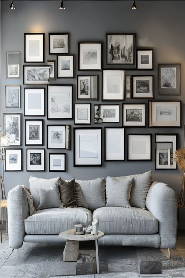 A tightly packed gallery wall above a contemporary grey sofa with too many frames of varying sizes crammed together leav