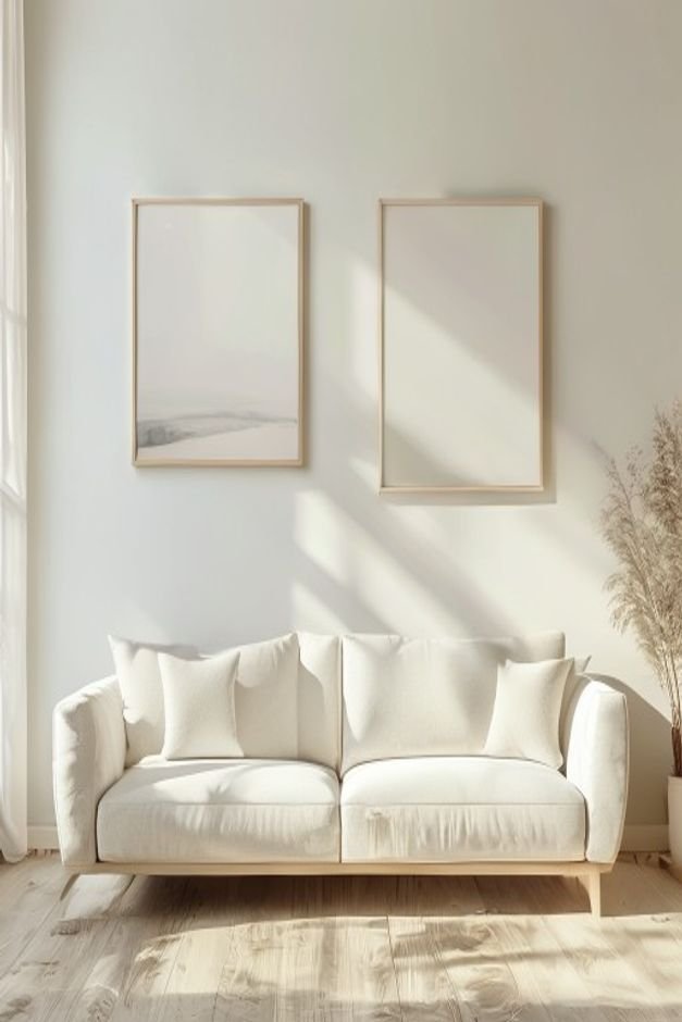 A long light-colored sofa against a spacious light-filled wall Above it two very small identical framed prints are space