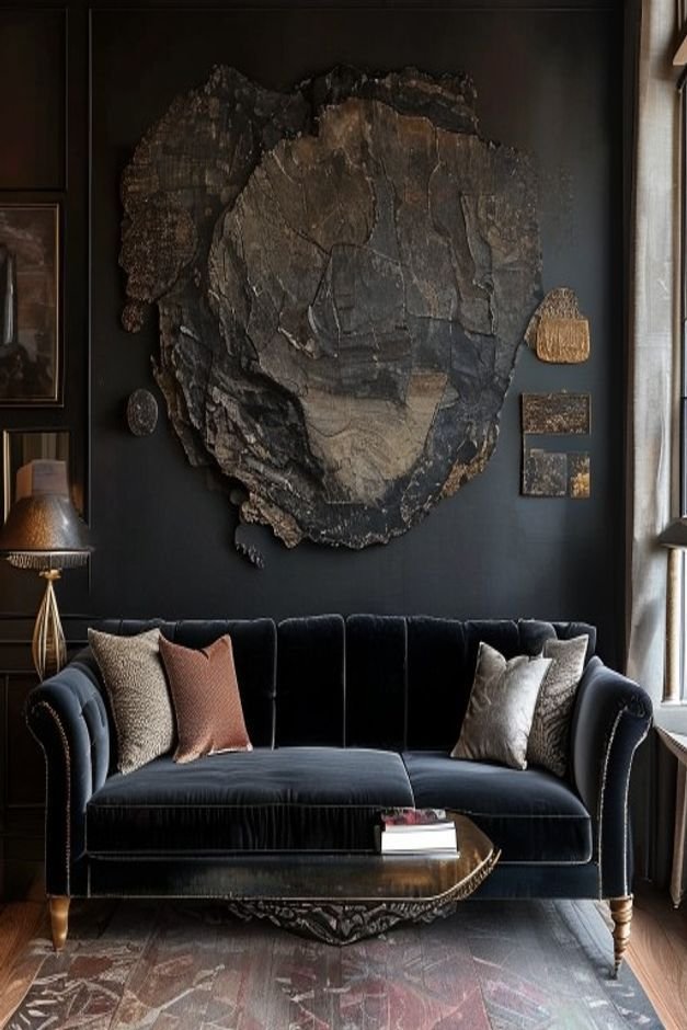 An irregularly arranged collection of wall decor above a dark velvet sofa One side features a heavy dark large piece whi