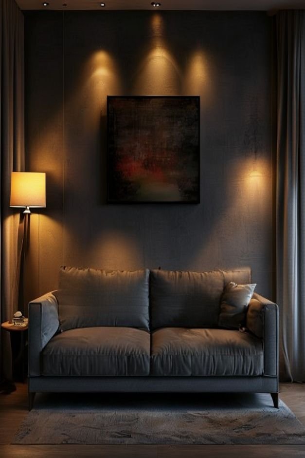 A dimly lit living room with a comfortable sofa Above the sofa a wall art piece is poorly illuminated by a harsh direct