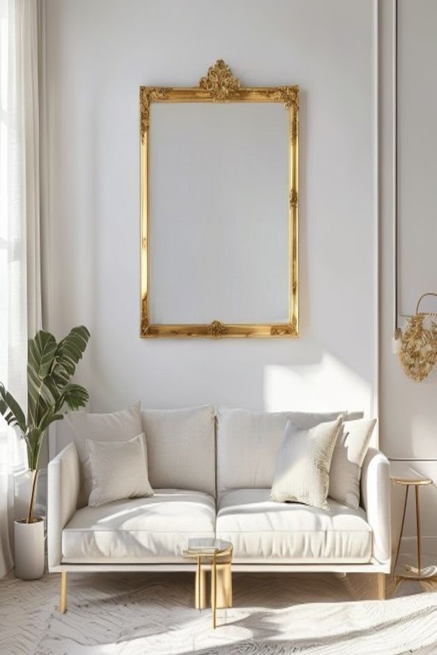 A traditional ornate gold-framed mirror hung directly above a sleek minimalist modern sofa in a bright white living room
