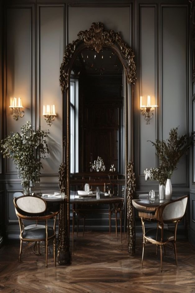 An elegant dining room featuring a grand oversized mirror with a dark wood frame leaning against a wall reflecting a cha