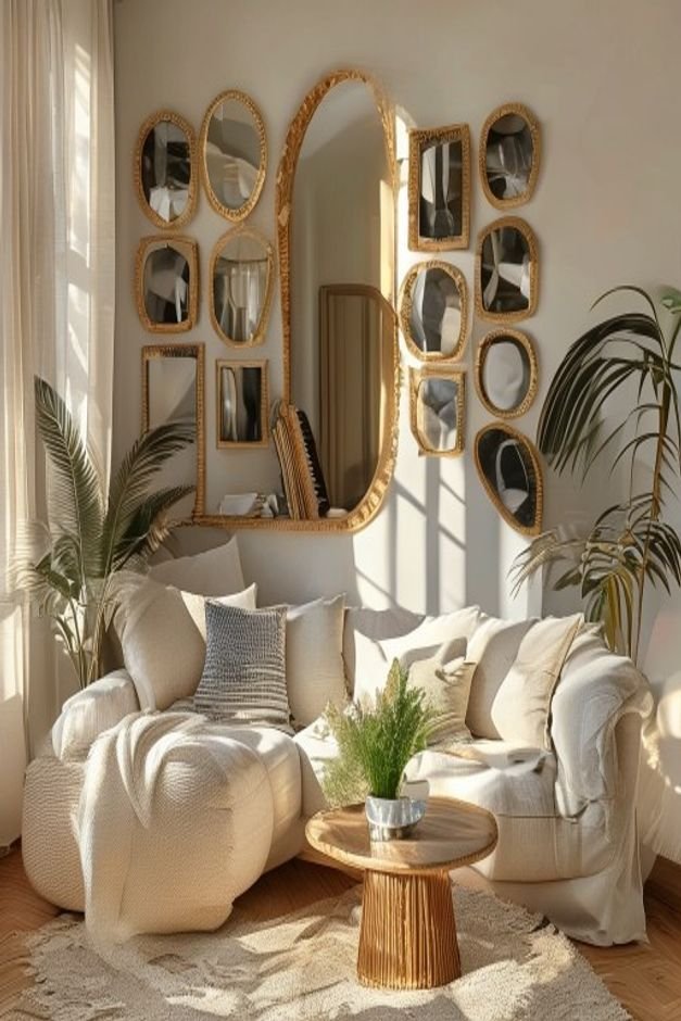 A cozy living room with a curated gallery wall composed of various mirrors a sunburst mirror a rectangular mirror with a