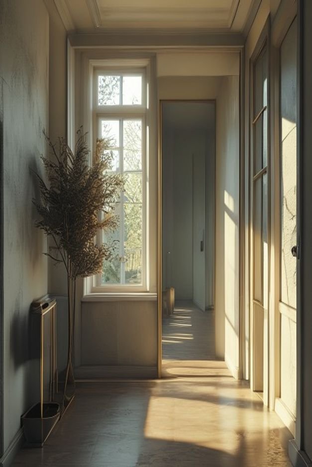A narrow hallway with a large tall mirror positioned directly opposite a window effectively doubling the perceived light