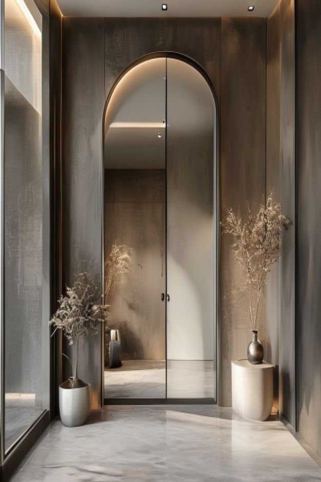 A modern entryway with a floor-to-ceiling mirror panel integrated into the wall creating the illusion of an expanded arc