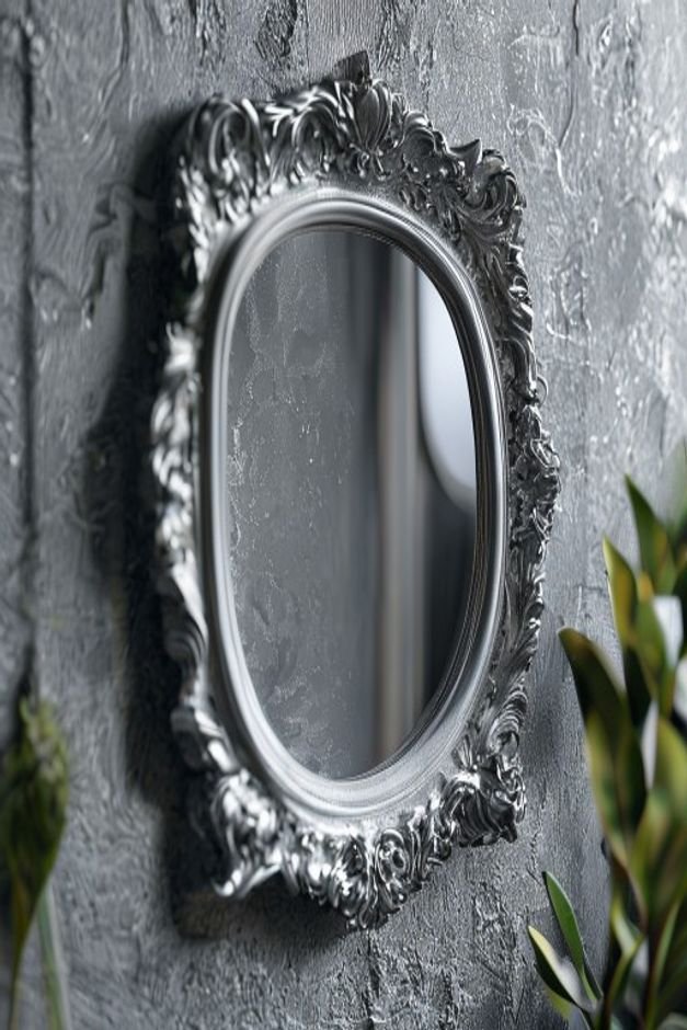 A close-up shot of a mirror with a distinctive intricately carved silver frame hung on a textured gray wall The details