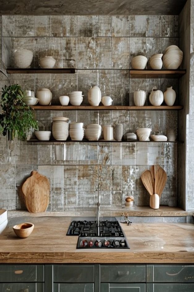 A stylish kitchen with a backsplash made of antique mirrored tiles subtly reflecting the open shelving and a few ceramic