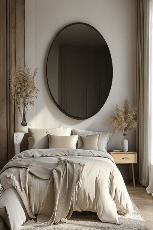 A sophisticated bedroom vignette featuring a large round mirror with a simple black frame layered over a piece of abstra