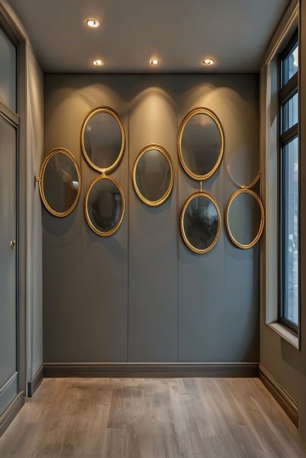 A hallway wall adorned with a symmetrical grouping of five identical small circular mirrors with thin brass frames They