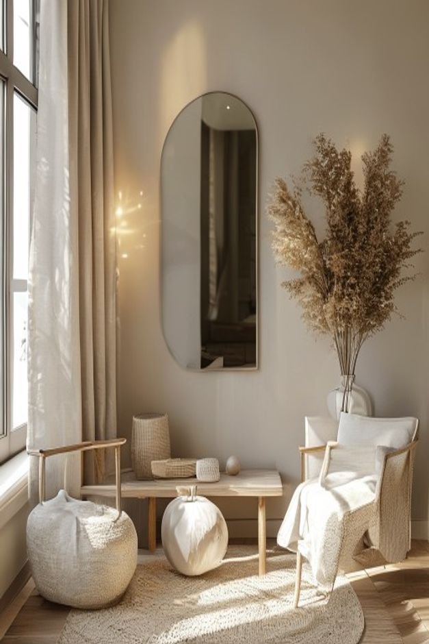 Editorial home photo for The Enduring Appeal of Mirror Wall Decor, natural light, realistic styling, no text overlay