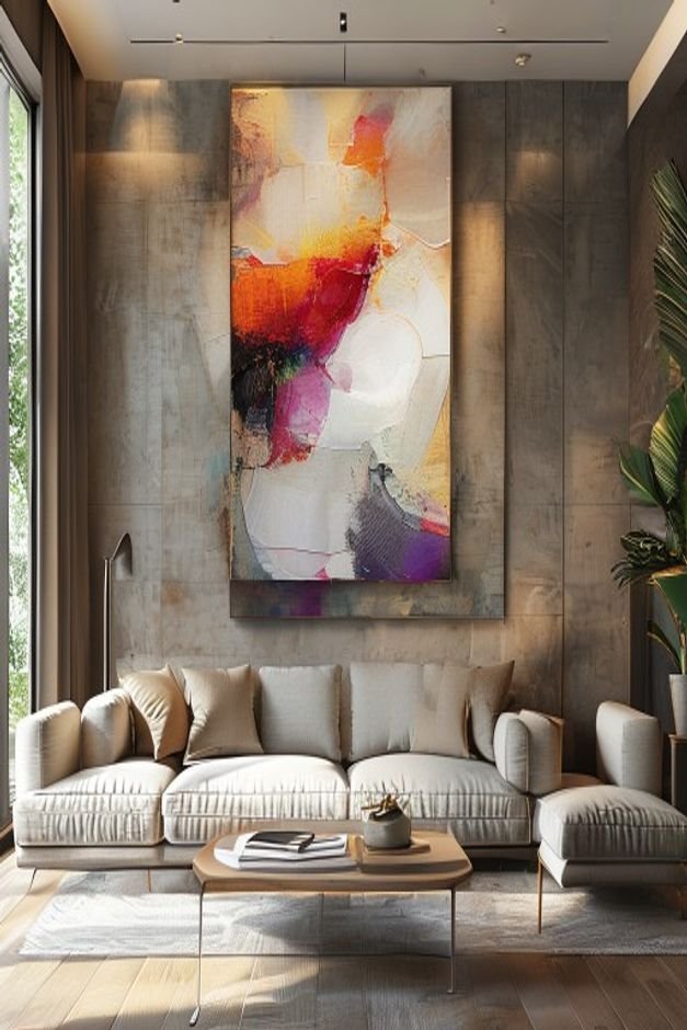 A wide-angle shot of a living room focusing on a large piece of abstract art perfectly centered above a three-seater sof
