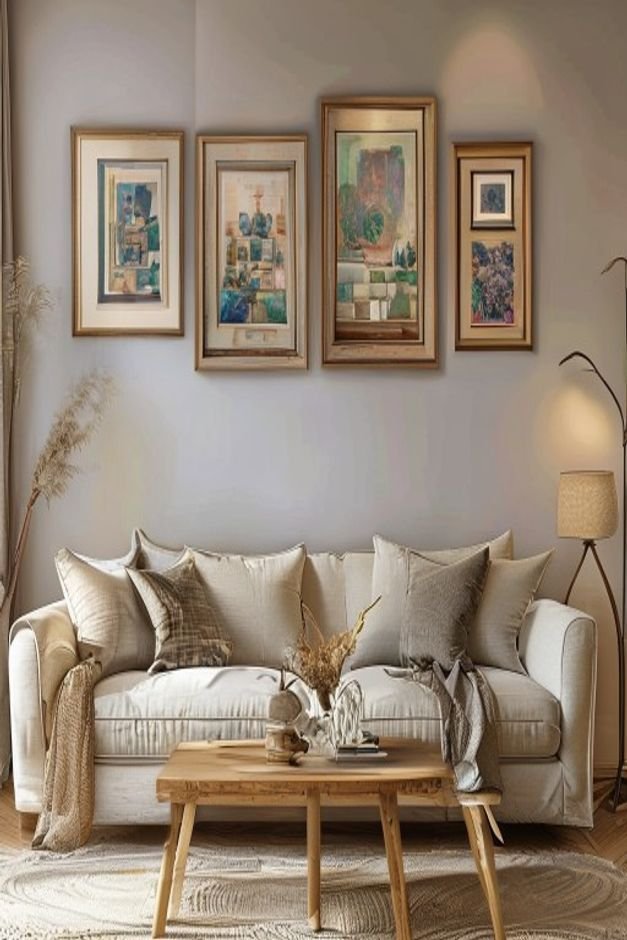 A living room with a sofa and three distinct but visually connected framed art pieces above it Two pieces are similar in